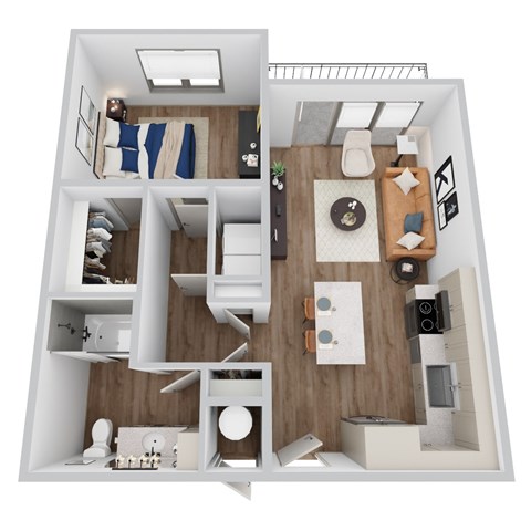 Floor plan for 1 bed, 1 bath, 725 sqft